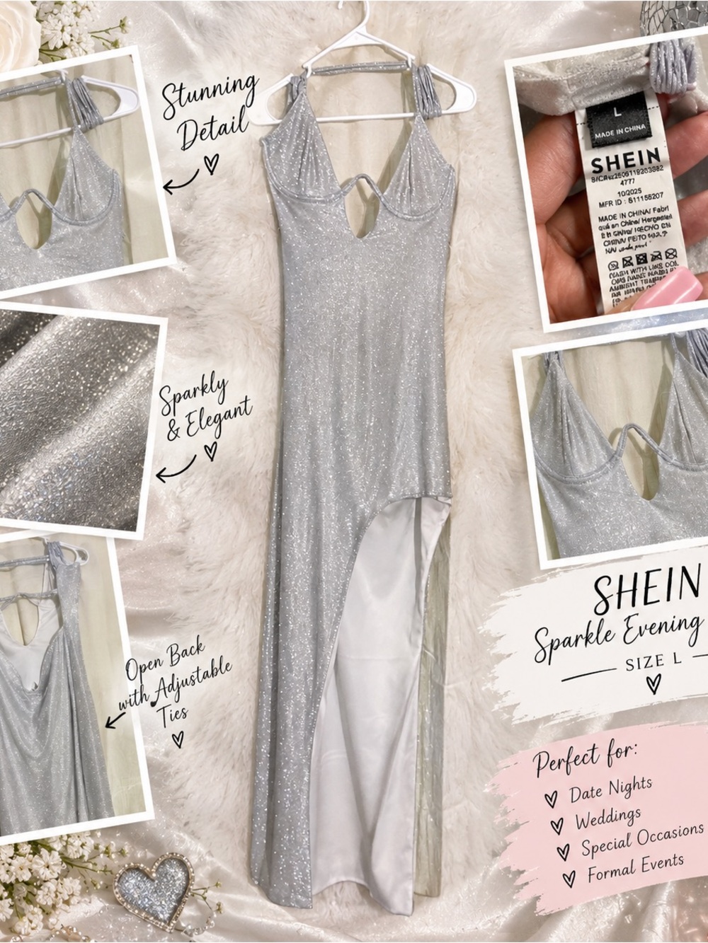 SHEIN Silver Sparkle High-Slit Evening Gown